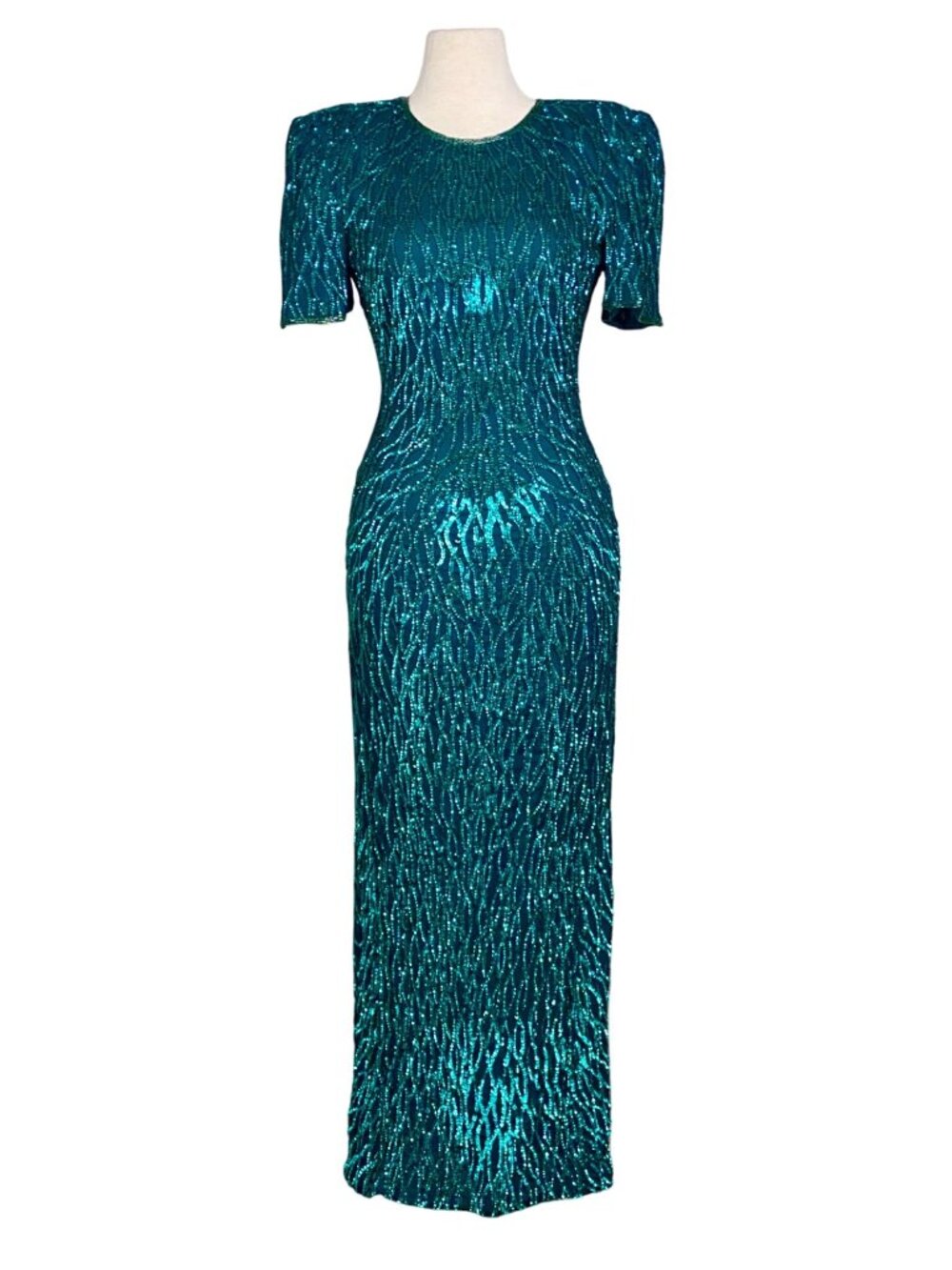 Laurence Kazar Teal Silk Sequin Short Sleeve Column Dress 80s Vintage Sz S FLAW